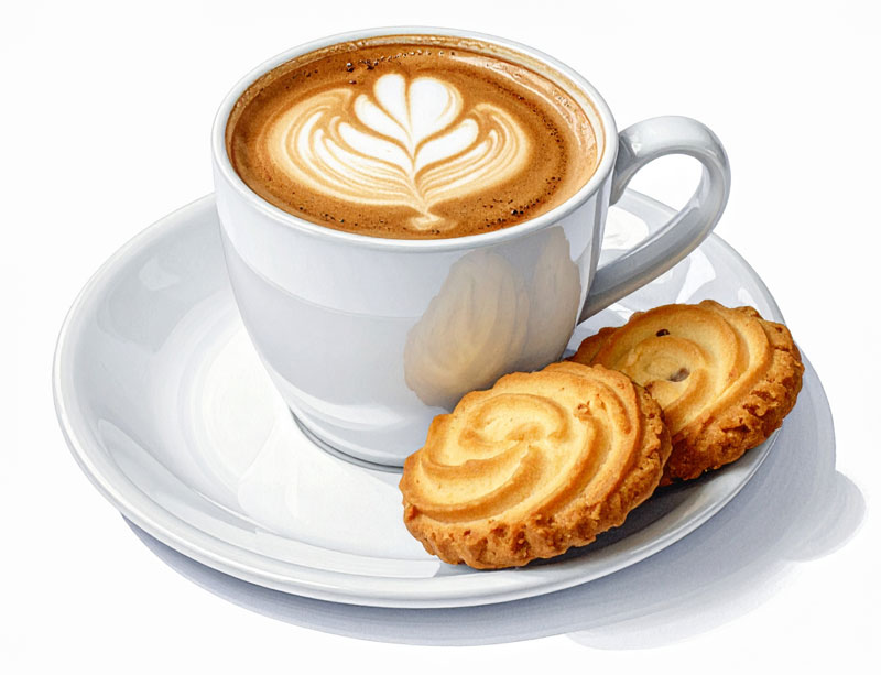 White cup and soucer with cappuccino coffee and two biscuits